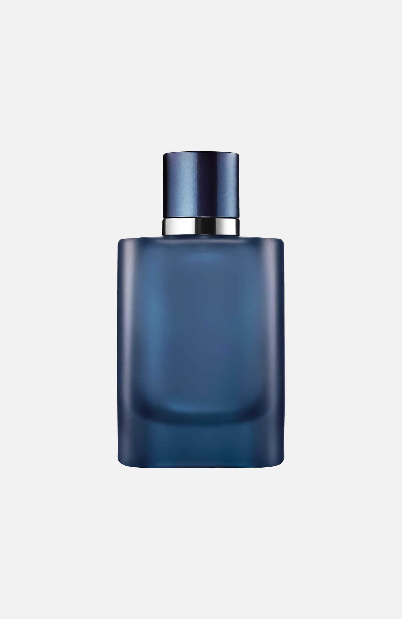 Frosted deep blue perfume bottle with minimal detailing