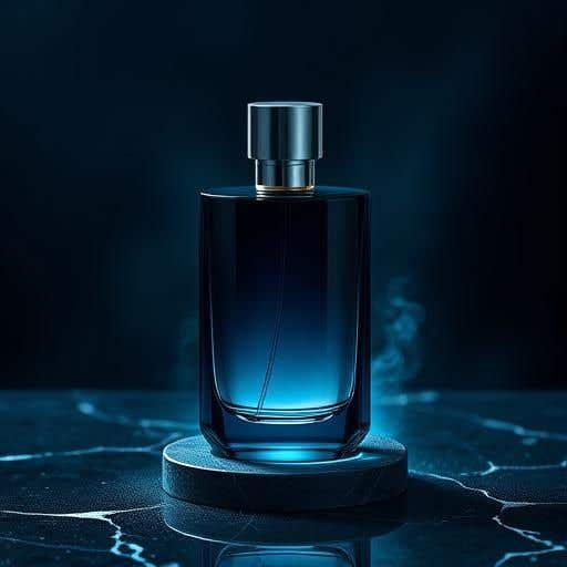 Blue-tinted luxury perfume bottle on a lit pedestal